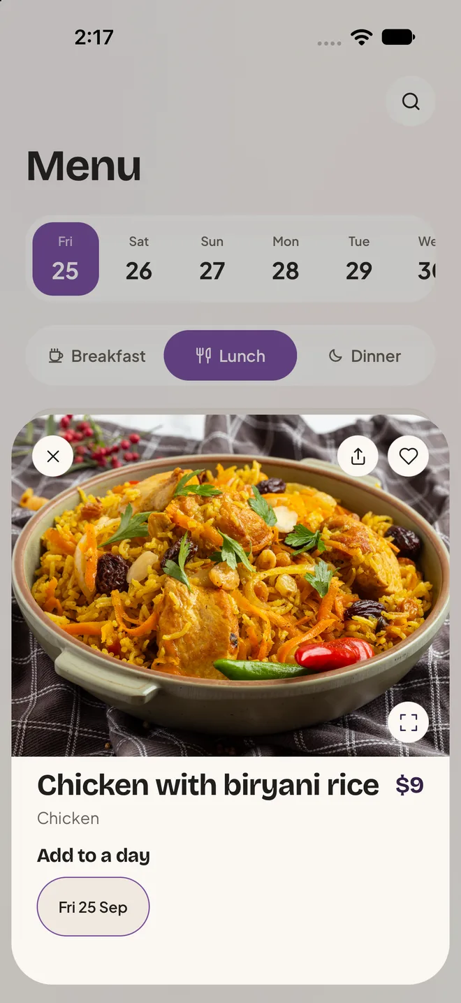Dish sheet with a large photo, price and a button to add it to a day.