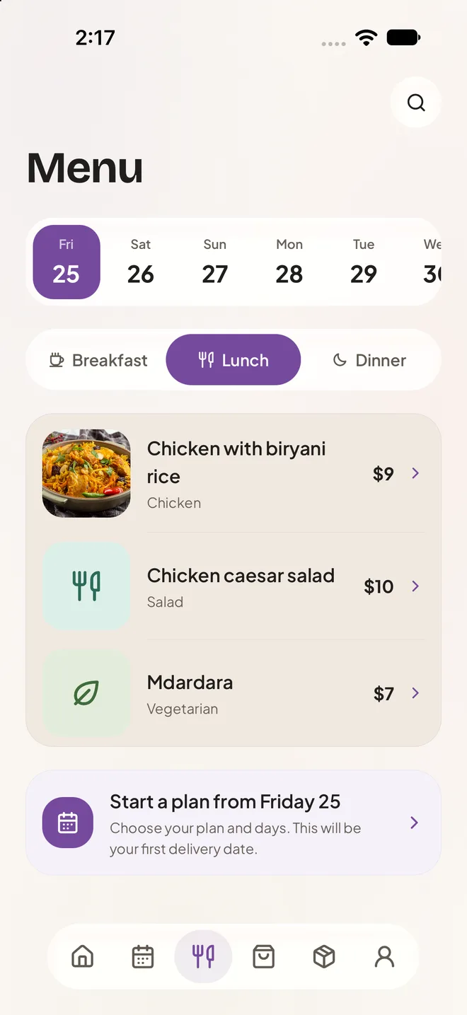 Daily menu with a day picker and breakfast, lunch and dinner tabs.