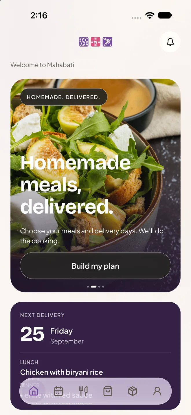Home screen of a signed-in customer showing the next delivery and its meals.