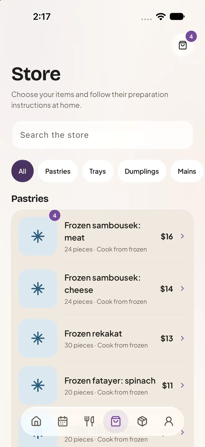 Freezer shop with categories, prices and a cart.