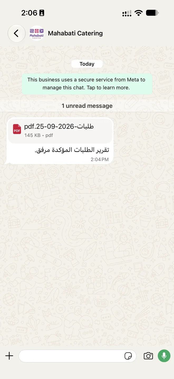 WhatsApp message from Mahabati Catering with a PDF of the day’s confirmed orders.