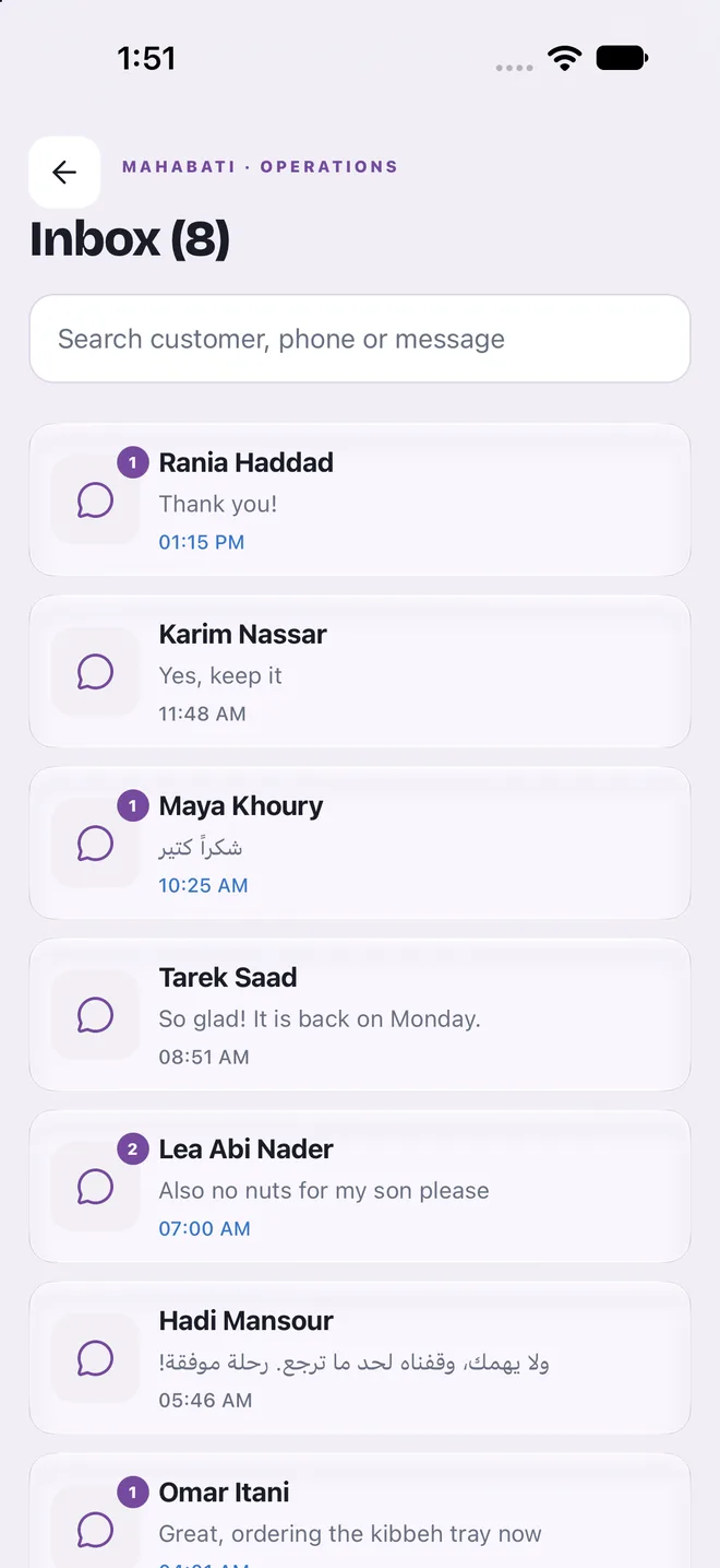 Inbox with customer WhatsApp conversations in English and Arabic, with unread counts.
