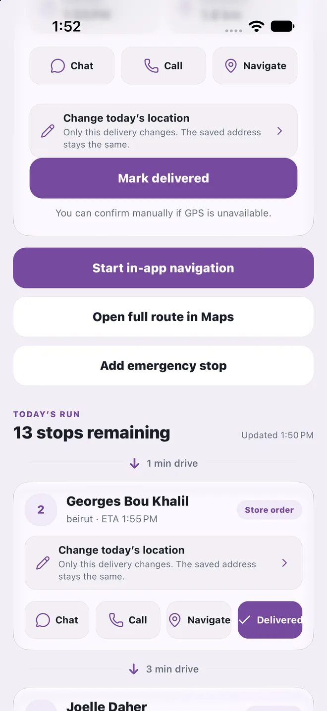 List of remaining stops with drive time between each one.