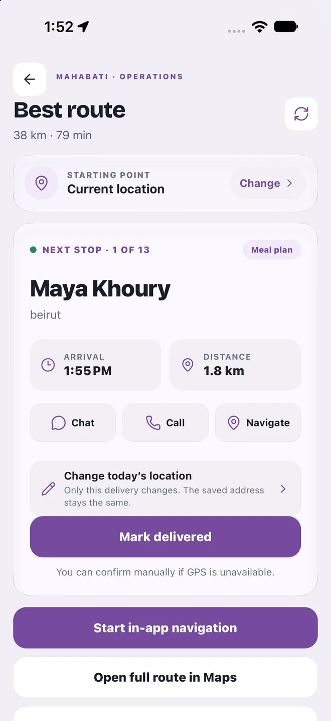 Delivery route with total distance and time, the next stop and a Mark delivered button.