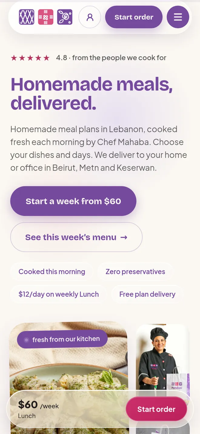 Mobile home page with a sticky order button.