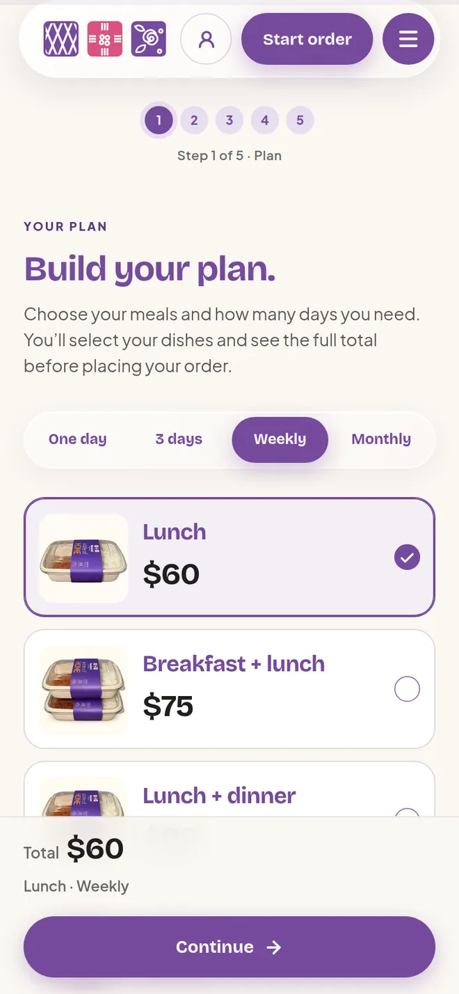 Step 1 of 5 of the mobile order flow: build your plan.