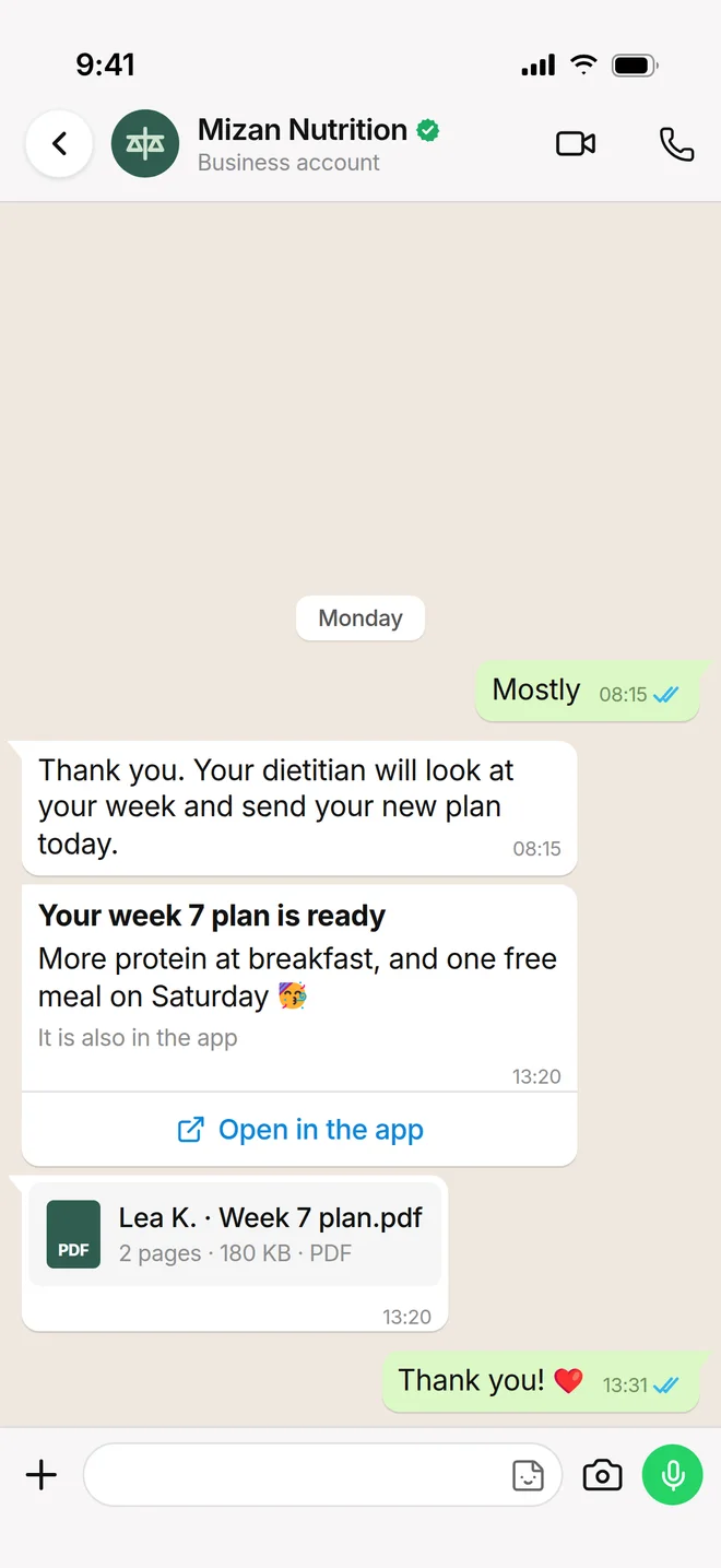 WhatsApp message with the new weekly plan as a PDF.