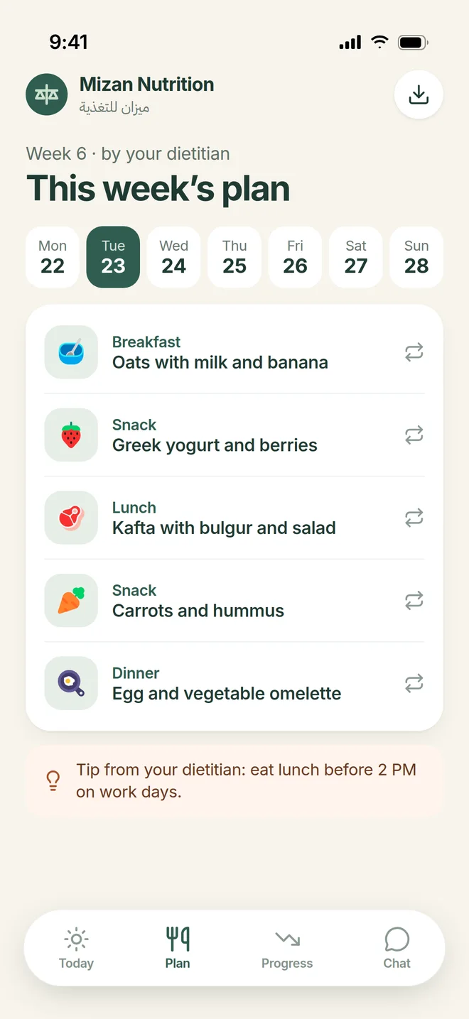 This week’s plan day by day, with a tip from the dietitian.