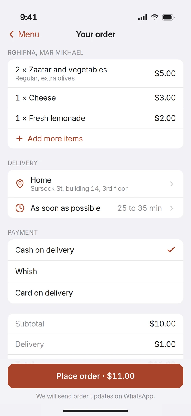 Order summary with address and payment options.
