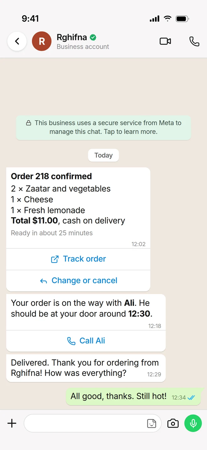 WhatsApp messages: order received with tracking, on the way, and delivered.
