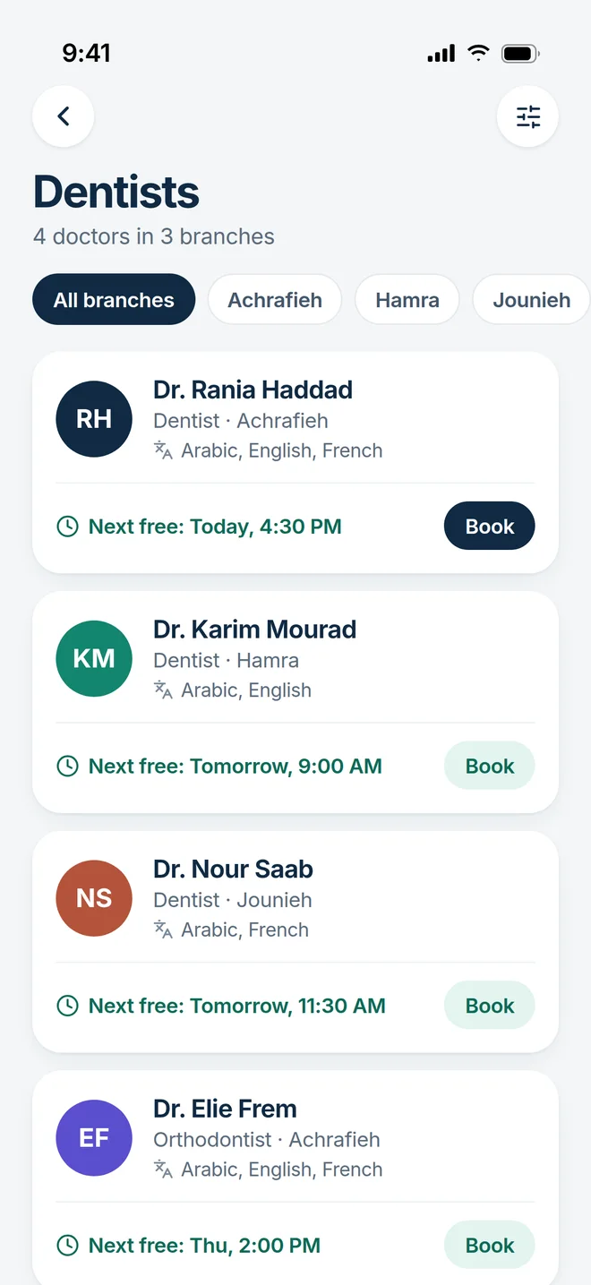List of dentists with branches, languages and next free time.